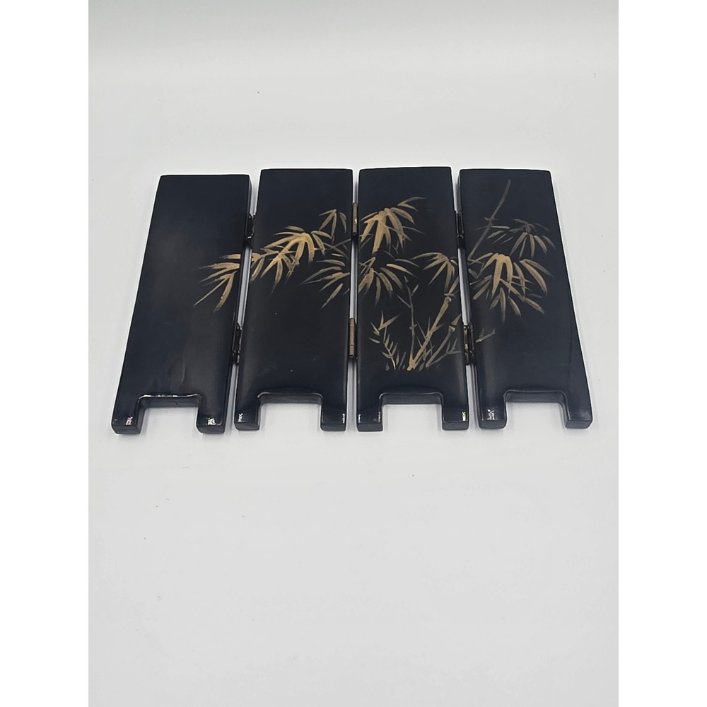Vintage Black Lacquer Mother of Pearl Inlay 4 Panel Mini Table Screen Deer Crane - Picture 3 of 14